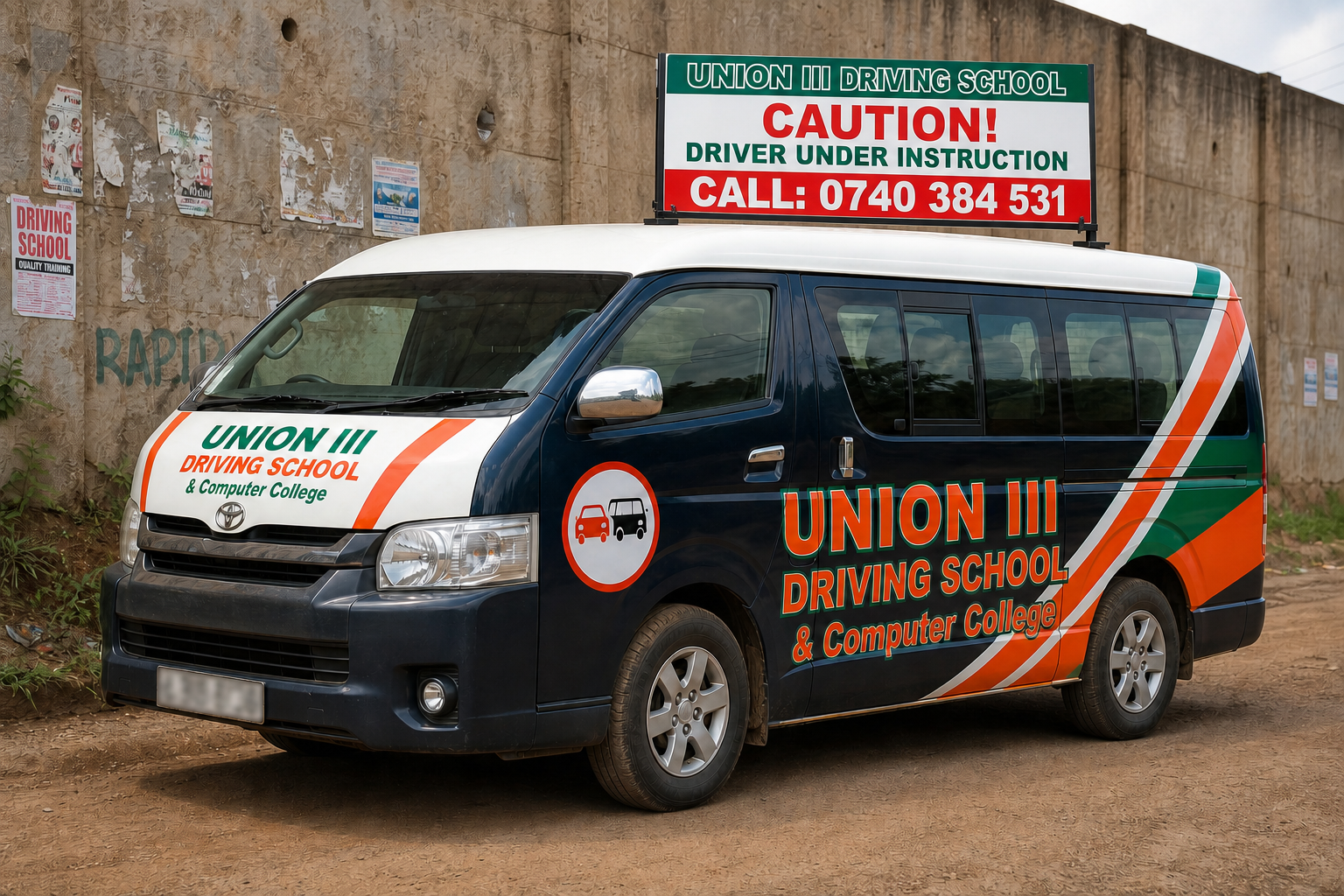 Union III branded PSV training vehicle with large caution roof banner and blurred number plate