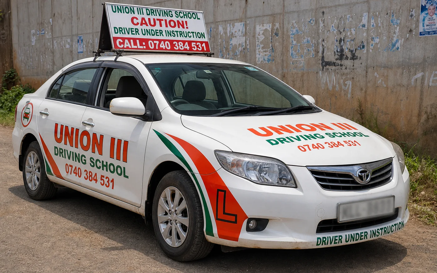 Union III branded taxi training vehicle with large caution roof banner and blurred number plate